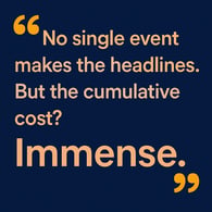 a quote card to be used as the image  No single event makes the headlines But the cumulative cost Immense in brand colours  HEX ff9e18 HEX f8ca96 HEX